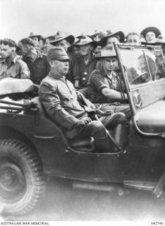 CAPE WOM, WEWAK, NEW GUINEA, 1945-09-13. LIEUTENANT GENERAL HATAZO ADACHI, GOC, XV111 JAPANESE ARMY ARRIVING AT THE AIRSTRIP FOR THE SURRENDER CEREMONY