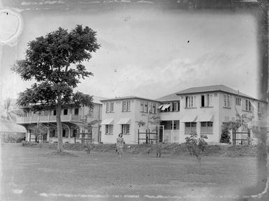 [Portrait of woman in a park in front of houses]