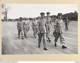 TOROKINA, BOUGAINVILLE, 1945-07-05. HIS ROYAL HIGHNESS, THE DUKE OF GLOUCESTER, GOVERNOR-GENERAL OF AUSTRALIA (1), ACCOMPANIED BY LIEUTENANT-GENERAL V.A.H. STURDEE, GENERAL OFFICER COMMANDING FIRST ..