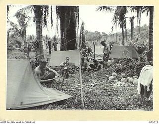 KAMANDRAN, NEW BRITAIN. 1945-02-21. TROOPS OF D COMPANY, 14/32ND INFANTRY BATTALION IN THEIR TEMPORARY CAMP ON THE BANKS OF THE MELKONG RIVER