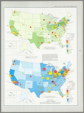 Employment : 1963 (SIC 32) / compiled from U. S. Bureau of the Census, Census of manufacturers: 1963, Washington, U. S. Govt. Print Off., 1966; and various State and national directories of manufacturers -- Value added : 1963 (SIC 32) / compiled from U. S. Bureau of the Census, Census of manufacturers: 1963, Washington, U. S. Govt. Print Off., 1966.