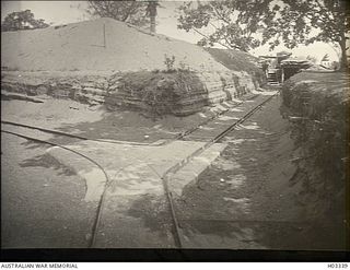 Matupi Island, Rabaul Area. 1915-05. A tram line which served the needs of the battery of 4.7 Naval guns installed on the island