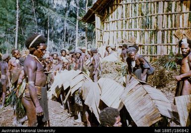 Men covered in large leaves, alongside a building