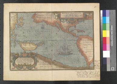 Maris Pacifici (quod vulgo Mar del Zur) cum regionibus circumiacentibus, insulisque in eodem passim sparsis, novissima descriptio / Abrahamus Ortelius, Regiaeae Mts. geographus lub, merito dedicabat, 1589