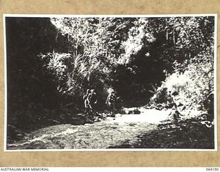MOUNT PROTHERO AREA, NEW GUINEA. 1944-01-20. NATIVE CARRIERS AND INFANTRYMEN CROSSING A STREAM WHILE ON THEIR WAY TO THE FRONT WITH SUPPLIES FOR THE 2/12TH INFANTRY BATTALION