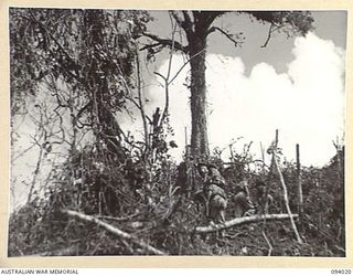 WEWAK AREA, NEW GUINEA, 1945-07-14. THE COMMANDING OFFICER'S PARTY MOVING UP OVER THE TOP AND ONTO "THE BLOT" AFTER THE ASSAULT BY A COMPANY, SUPPORTED BY B COMPANY, 2/8 INFANTRY BATTALION, HAD ..