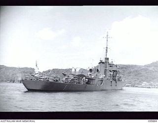 RABAUL, NEW BRITAIN, 1946-03-07. HMAS BARCOO (K375), OF THE ROYAL AUSTRALIAN NAVY, MOORED IN THE HARBOUR. (STARBOARD QUARTER AND STERN VIEW)