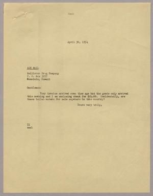 [Letter from Isaac Herbert Kempner to Hollister Drug Company, April 30, 1954]