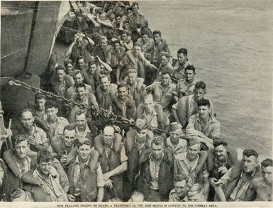 New Zealand troops on board a transport as the ship moves in convoy to the combat area