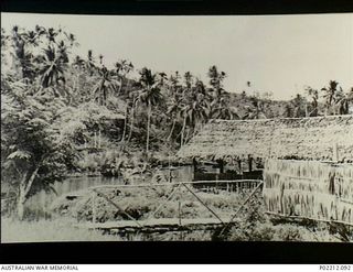 Aitape, New Guinea. 1945-01. The Sisters' Mess, built in local native style, at the river side camp of the 2/11th Australian General Hospital (2/11AGH). In an area prone to flooding note how close ..