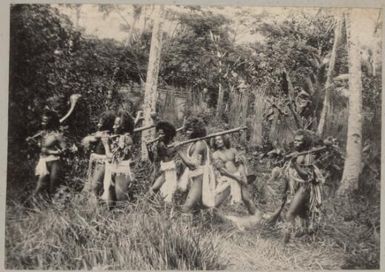 Seven men with weapons, dragging a body in a mock battle, Samoa, approximately 1895