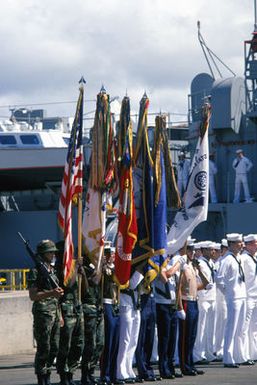 A joint services color guard participates in the designation and departure ceremony for the Unknown Serviceman of the Vietnam Era. After the ceremony the Unknown Serviceman will be placed aboard the frigate USS BREWTON (FF 1086) for transport to Naval Air Station, Alameda, California