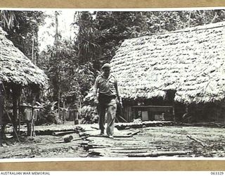 FAITA, RAMU VALLEY, NEW GUINEA. 1944-01-07. NX70537 MAJOR G. G. LAIDLAW DSO, COMMANDING OFFICER, 2/2ND COMMANDO SQUADRON, WALKING ALONG THE DECKING BETWEEN THE HUTS OF THE UNIT HEADQUARTERS. THIS ..