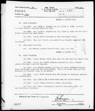 COMNAVFOR, FIJI IS - War Diary, 8/1-31/43