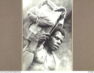 YAULA, NEW GUINEA. 1944-04-11. ERI, A BOGIA BOY, CARRYING SUPPLIES DURING THE ADVANCE OF THE 57/60TH INFANTRY BATTALION TO BOGADJIM