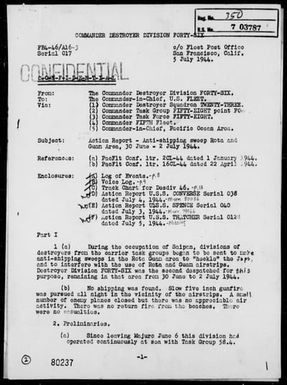 COMDESDIV 46 - Report of Anti-shipping sweep in the Rota and Guam Area, marianas – 6/30/44 to 7/2/44