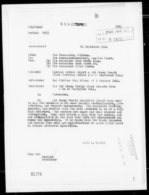 USS ENTERPRISE - Com Air Gr 20 ACA Reps #14 - #62 - Air Ops in the Caroline & Palau Is, 9/5-18/44