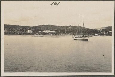 View on New Britain? Island with a yacht, Papua New Guinea, approximately 1916