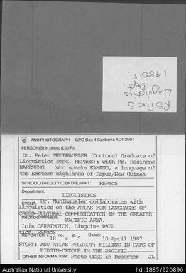 Dr Peter Muhlhausler recording Mr Hesinge Naremeng, a Kamano speaker