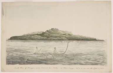 Ellis, William Wade, d 1785 :South view of Mangia-nooe, distant two miles. See Ellis's Voyage, vol I p.33 and the Chart in Vol. I. / W. Ellis fecit. [March 1777]