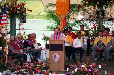 U.S. Senator Daniel Inouye of Hawaii addresses USS ARIZONA survivors and their families during Remembrance Day ceremonies at the USS ARIZONA Memorial Visitors Center. The event commemorates the 50th anniversary of the Dec. 7, 1941, attack on Pearl Harbor