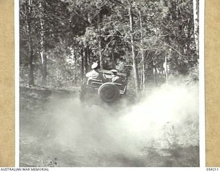 HERBERTON, QLD. 1943-07-09. JEEP DRIVER IN DIFFICULTIES DURING A TRAINING COURSE FOR TRANSPORT DRIVERS, AT HEADQUARTERS, 6TH AUSTRALIAN DIVISION