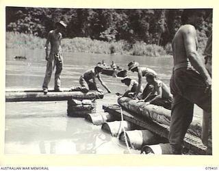 MEVELO RIVER, HENRY REID BAY, NEW BRITAIN. 1945-03-05. SAPPERS OF THE 4TH FIELD COMPANY, PUTTING A LOG BEARER INTO PLACE ON A NEW BRIDGE WHICH THE UNIT IS BUILDING ACROSS THE RIVER. IDENTIFIED ..