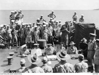 OCEAN ISLAND. 1945-09-30. LIEUTENANT COMMANDER NAOOMI SUZUKI, COMMANDER JAPANESE FORCES ON OCEAN ISLAND, SURRENDERED TO BRIGADIER J.R. STEVENSON, COMMANDER 11 INFANTRY BRIGADE, IN A SURRENDER ..