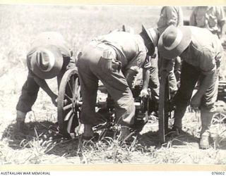 NADZAB AREA, NEW GUINEA. 1944-09-15. PERSONNEL OF THE 2ND MOUNTAIN BATTERY ASSEMBLING THEIR 75MM GUN. THE WHEELS HAVE BEEN FITTED TO THE AXLE AND THE PERSONNEL STANDING BY THE WHEELS ARE INSERTING ..