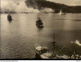 Simpson Harbour, Rabaul, New Britain. 1943-11-02. Bombing raids on Japanese shipping in the harbour by B25 Mitchell bombers supported by P38 Lightnings