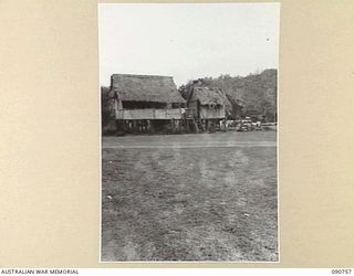 MORESBY AREA, NEW GUINEA. 1942-08-20. NATIVE HUTS IN USE AS STORE HOUSES AT BASE AREA AT KOITAKI