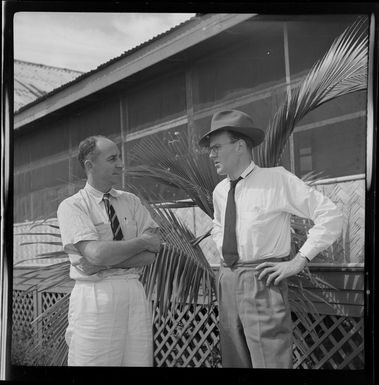 Messrs T French (Suva), and S Brogden (Victoria), journalist at Nandi Airport, Fiji