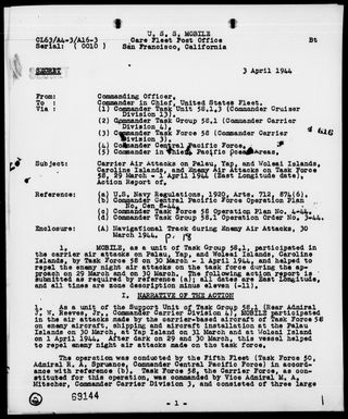 USS MOBILE - Rep of Carrier Air Attacks on Palau, Yap and Woleai Is, Carolines, & Enemy Air Attacks on TF-58 - 3/29/44 to 4/1/44