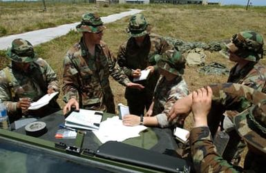 US Marine Corps (USMC) Captain (CPT) Christopher Wills (second from left), Platoon Commander, Weapons Company, 2nd Battalion (BN), 4th Marine Regiment (MAR RGT), Marine Corps Base (MCB) Camp Pendleton, California (CA), briefs his Marines prior to a training mission. The Marines are conducting urban terrain combat training in a former US Air Force (USAF) housing area near Anderson Air Force Base (AFB), Guam, during joint Exercise TANDEM THRUST 2003