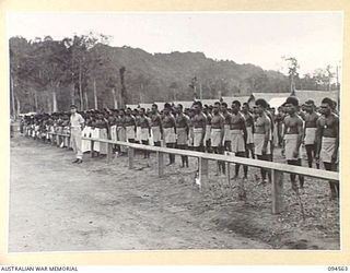 TOROKINA, BOUGAINVILLE, 1945-08-04. NATIVE SIGHT-SEERS AT THE AUSTRALIAN NEW GUINEA ADMINISTRATIVE UNIT NATIVE COMPOUND. THEY TURNED OUT TO WATCH TWO NATIVE POLICE BOYS OF THE ROYAL PAPUAN ..