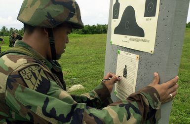 US Army (USA) Cadet Fred De Vera, University of Guam, checks his target hits during an Reserve Officers Training Corps (ROTC) Challenge at Andersen Air Force Base (AFB), Guam (GU)