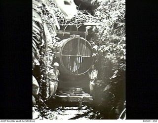 NEW BRITAIN, 1945-09. TWO NEW ZEALANDERS WITH A JAPANESE SEARCHLIGHT IN THE RABAUL AREA. (RNZAF OFFICIAL PHOTOGRAPH.)