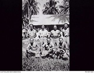 MADANG, NEW GUINEA. AUGUST 1945. RAAF NORTHERN COMMAND HEADQUARTERS ORDERLY ROOM STAFF. LEFT TO RIGHT: BACK ROW: BERNY SHERLEY, JACK SHOOTER, JACK OLSEN, CLAUDE PIKE; FRONT ROW: BILL STANNARD, M. ..