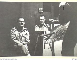 PORT MORESBY, PAPUA, NEW GUINEA, 1944-02-02. VX93433 CAPTAIN W.A. DARGIE (1), OFFICIAL WAR ARTIST, MILITARY HISTORY SECTION, LECTURING AND DEMONSTRATING PORTRAIT PAINTING USING QX27970 SERGEANT W. ..
