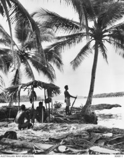 NEW GEORGIA, SOLOMON ISLANDS. 1943-03. NATIVE SCOUTS STAND GUARD NEAR THE BEACH AT THE SEGI COASTWATCHERS STATION (ZGJ5) OF CAPTAIN D.G. (DONALD) KENNEDY, BRITISH SOLOMON ISLANDS PROTECTORATE ..