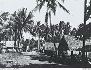 Milne Bay, Papua, 1944-03. General view of the base occupied by the Headquarters (HQ) of RAAF Northern Command. A road winds between palm-roofed huts which serve variously as administrative and ..
