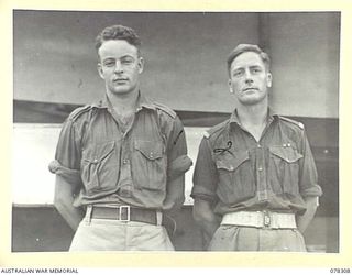 SIPAAI, BOUGAINVILLE ISLAND. 1945-01-08. PERMIT PHOTOGRAPH TAKEN FOR THE 29TH FIELD SECURITY SECTION. SEEN ARE:- QX26795 LANCE CORPORAL W.L. ATHERTON (1); VX63535 LANCE CORPORAL V.M. HUGGINS (2)