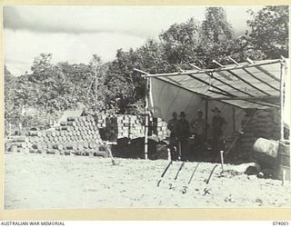 DUGUMUR BAY, NEW GUINEA. 1944-06-14. STORES OF THE 242ND SUPPLY DEPOT PLATOON STACKED ON THE BEACH AT THEIR TEMPORARY UNIT CAMP