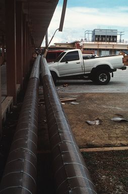 A truck is pinned under steam pipes that fell during an earthquake which struck the region on August 8th