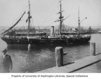 Three-masted warship U.S.S. ADAMS moored in Portland, Oregon, between 1894 and 1904