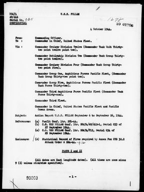 USS FULLAM - Rep of Fire Support Against Peleliu & Anguar Is, Palau Is, 9/12-18/44, including collision with & Sinking of USS NOA on 9/12/44