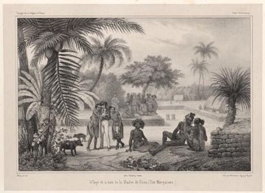 Village de la baie de la Madre de Dios, Iles Marquises / Menard del.; lith. par Bichebois; fig. par Bayot