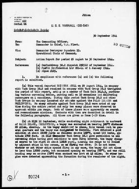 USS YARNALL - Rep of Ops During Strikes & Attacks on the Palau & Philippine Is, 8/29/44 - 9/30/44