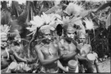 Pig festival, singsing, Kwiop: decorated men play kundu drums and sing