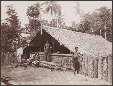 Men and boys beside the gamal at Eteete, Ugi, Solomon Islands, 1906 / J.W. Beattie